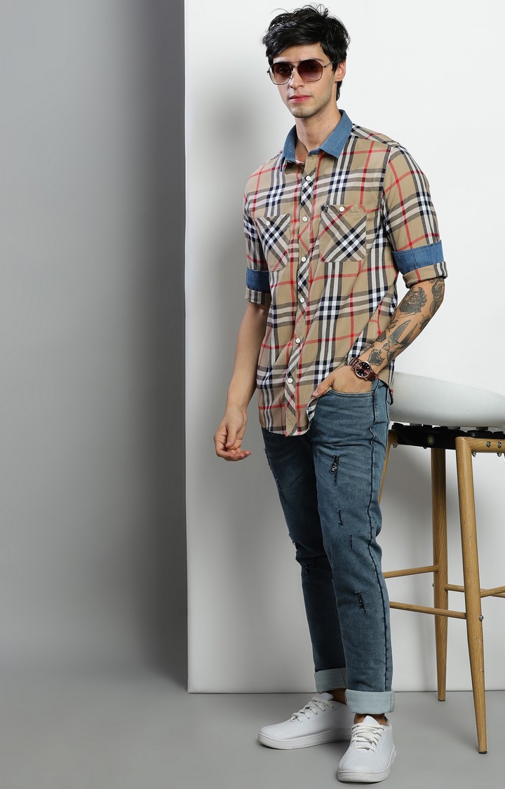 Men's Beige Checked Casual Shirt