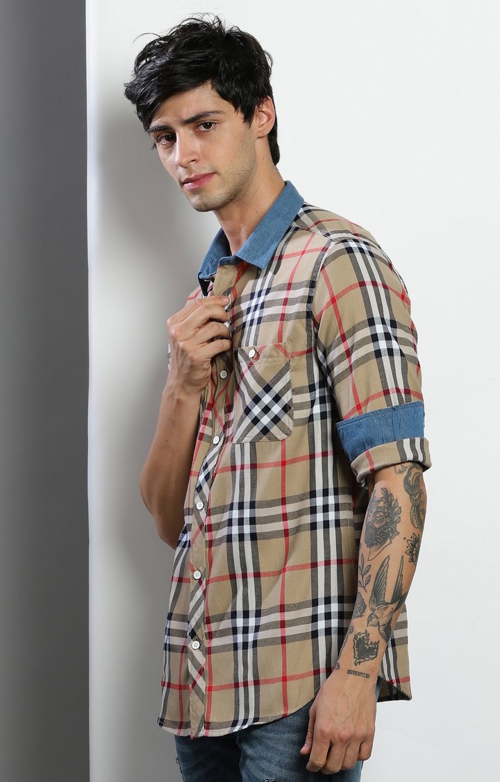 Men's Beige Checked Casual Shirt