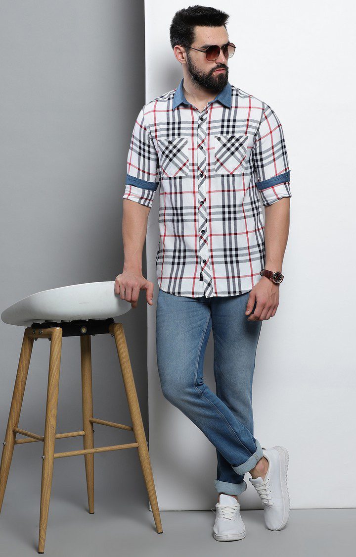 Men's White Checked Casual Shirt