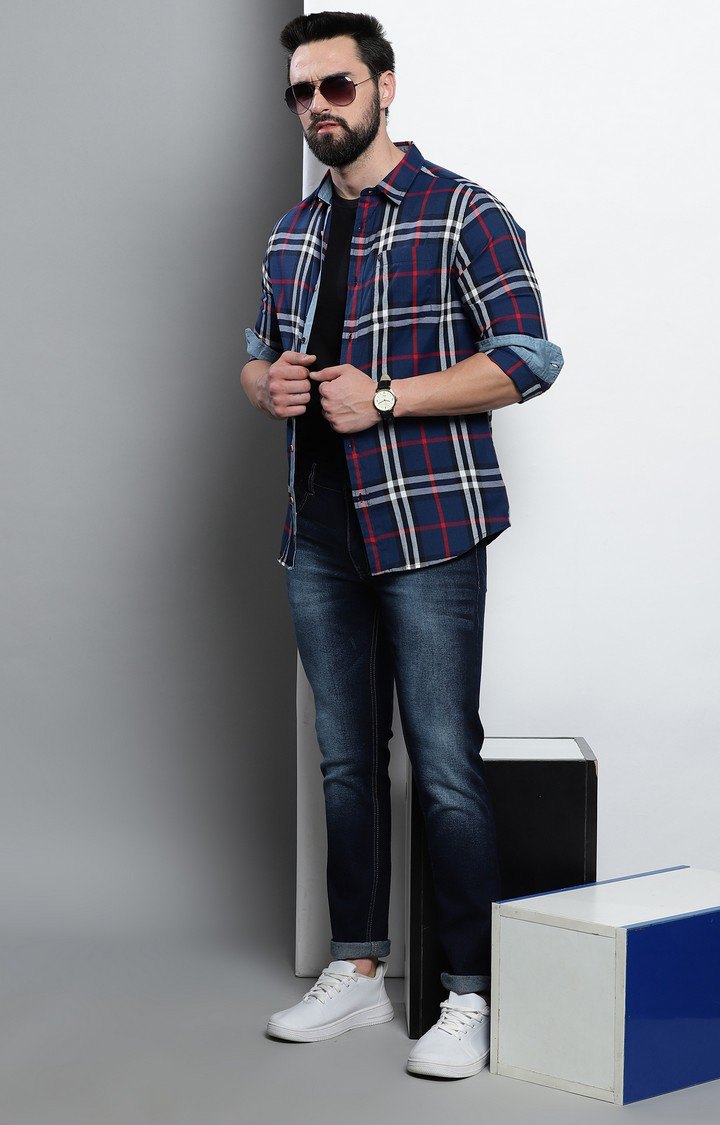 Men's Navy Blue Checked Casual Shirt