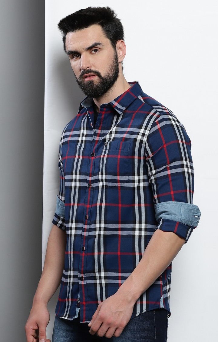 Men's Navy Blue Checked Casual Shirt