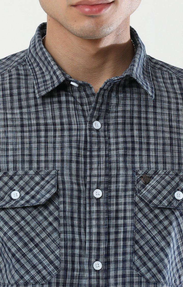 Men's Navy Blue Checked Casual Shirt