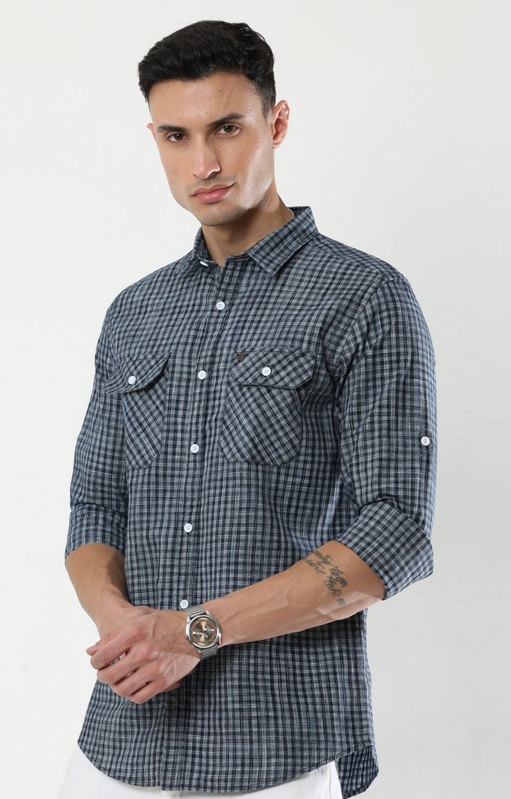 Men's Navy Blue Checked Casual Shirt