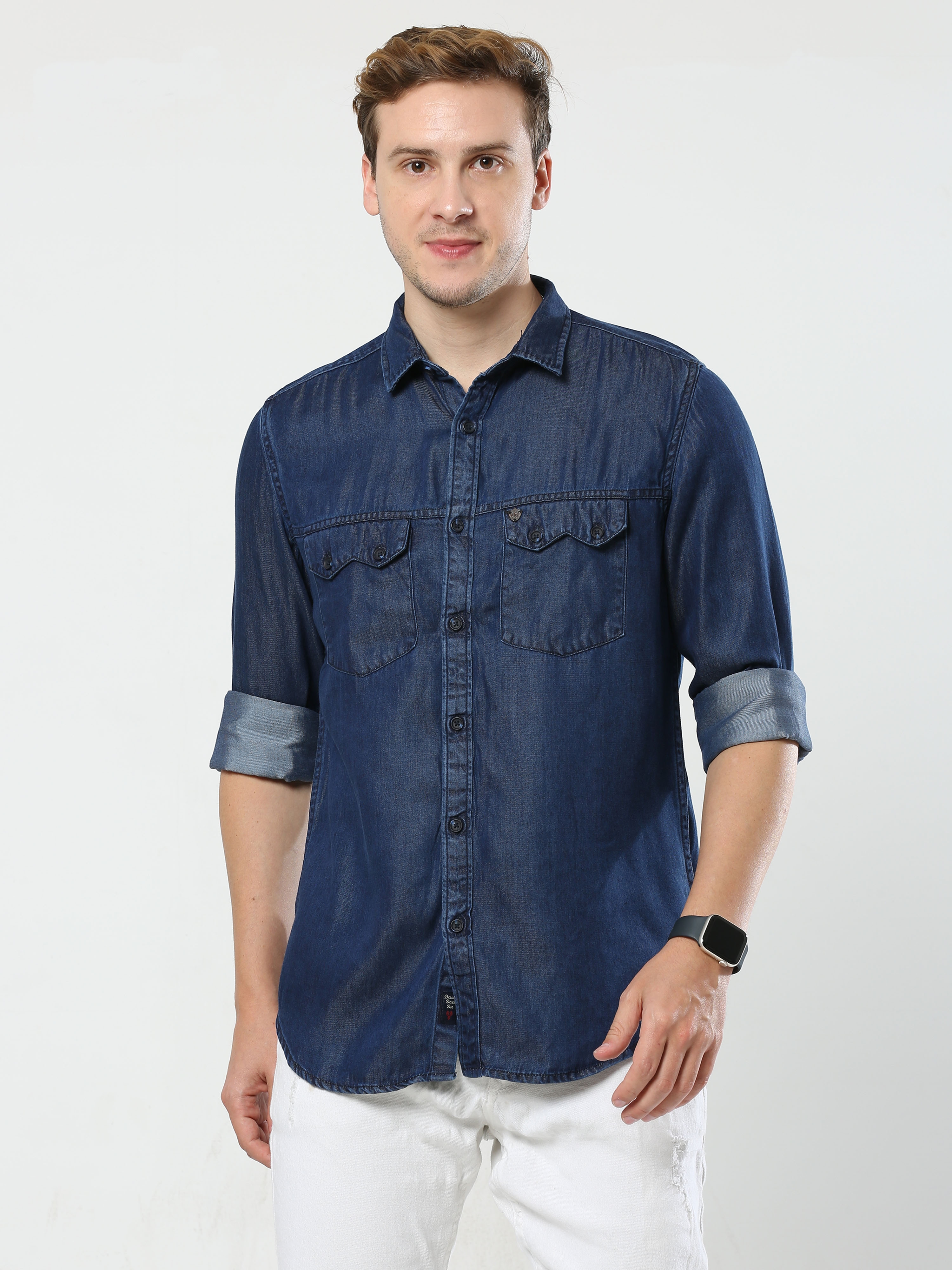 Men Navy Blue Cotton Casual Shirt