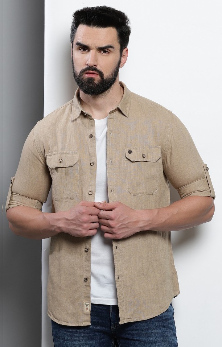 VUDU | Men's Beige Solid Casual Shirt