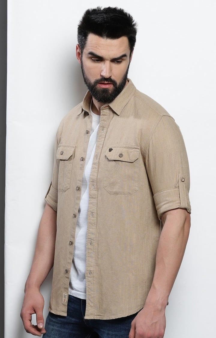 Men's Beige Solid Casual Shirt