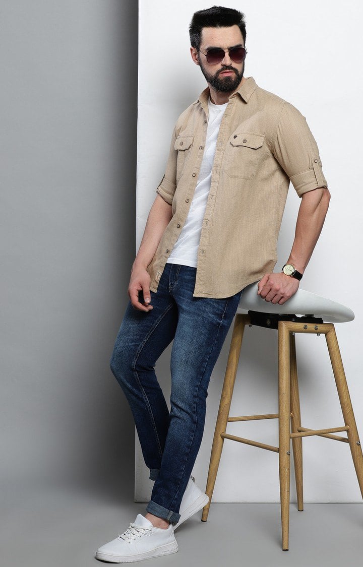 Men's Beige Solid Casual Shirt