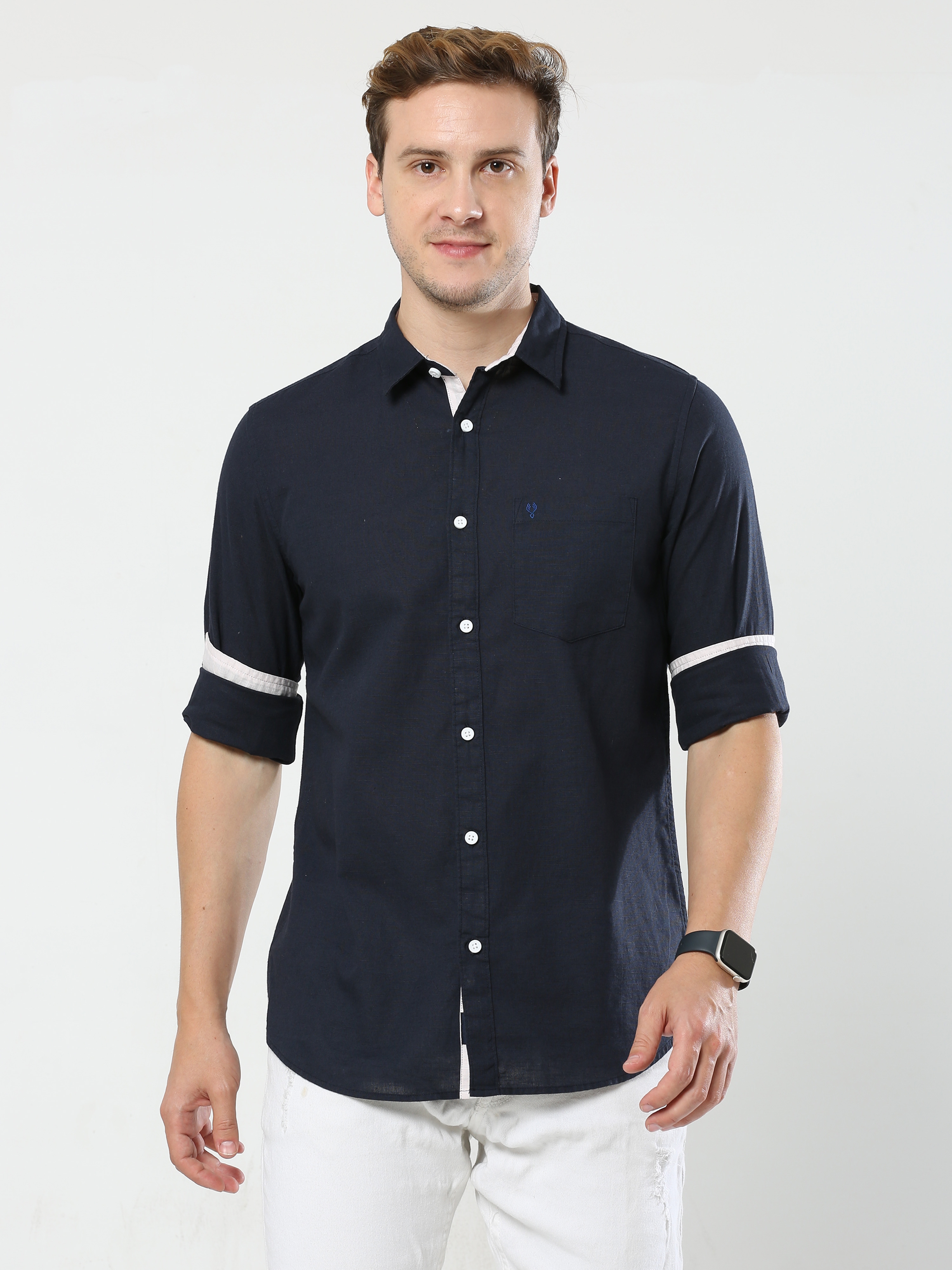 Men Navy Blue Cotton Casual Shirt