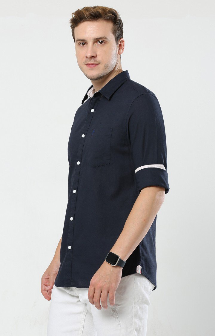 Men's Navy Blue Solid Casual Shirt