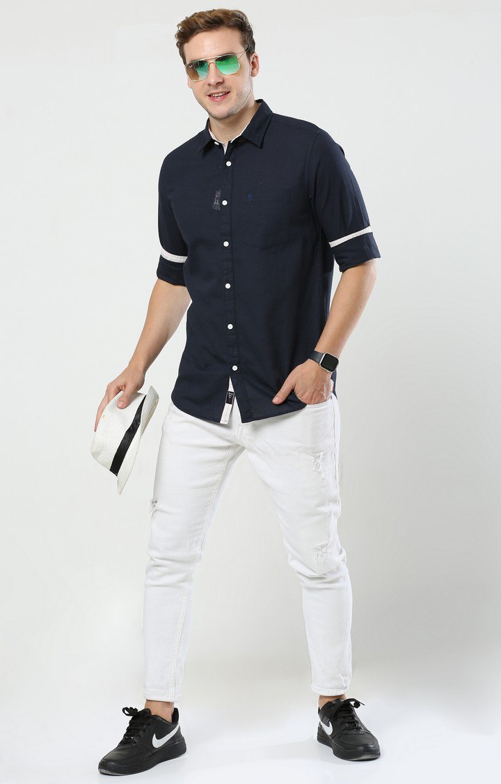 Men's Navy Blue Solid Casual Shirt