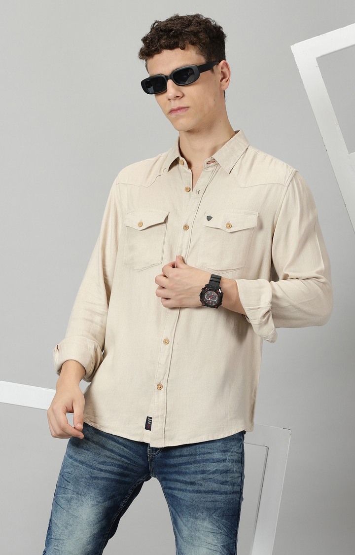 Men's Beige Solid Casual Shirt