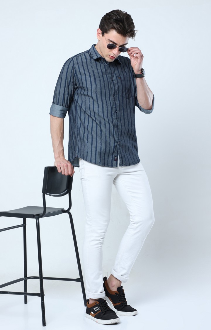 Men's Grey Striped Casual Shirt