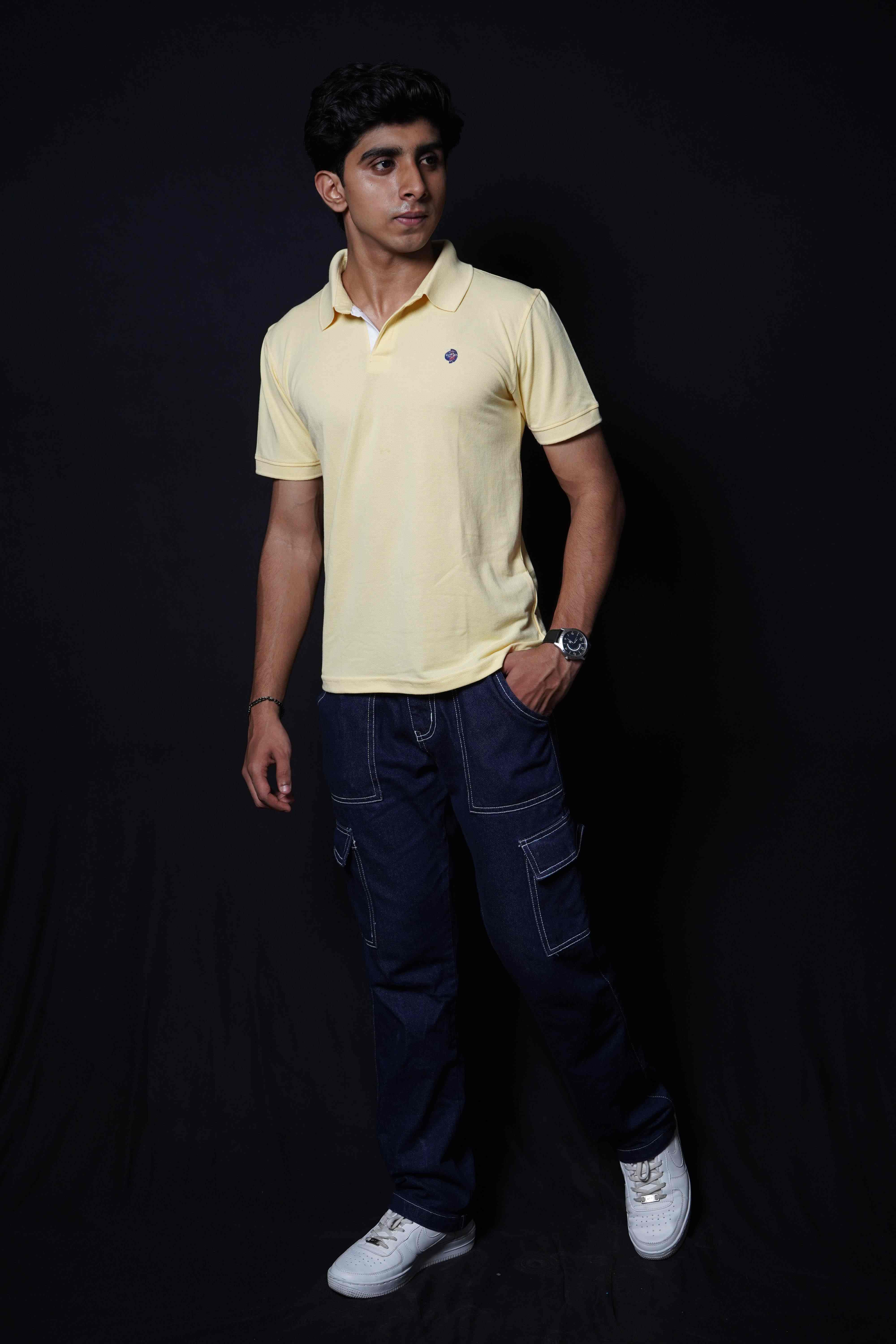 One Denim Sunny Light Yellow Plain Polo Neck Cotton T-Shirt