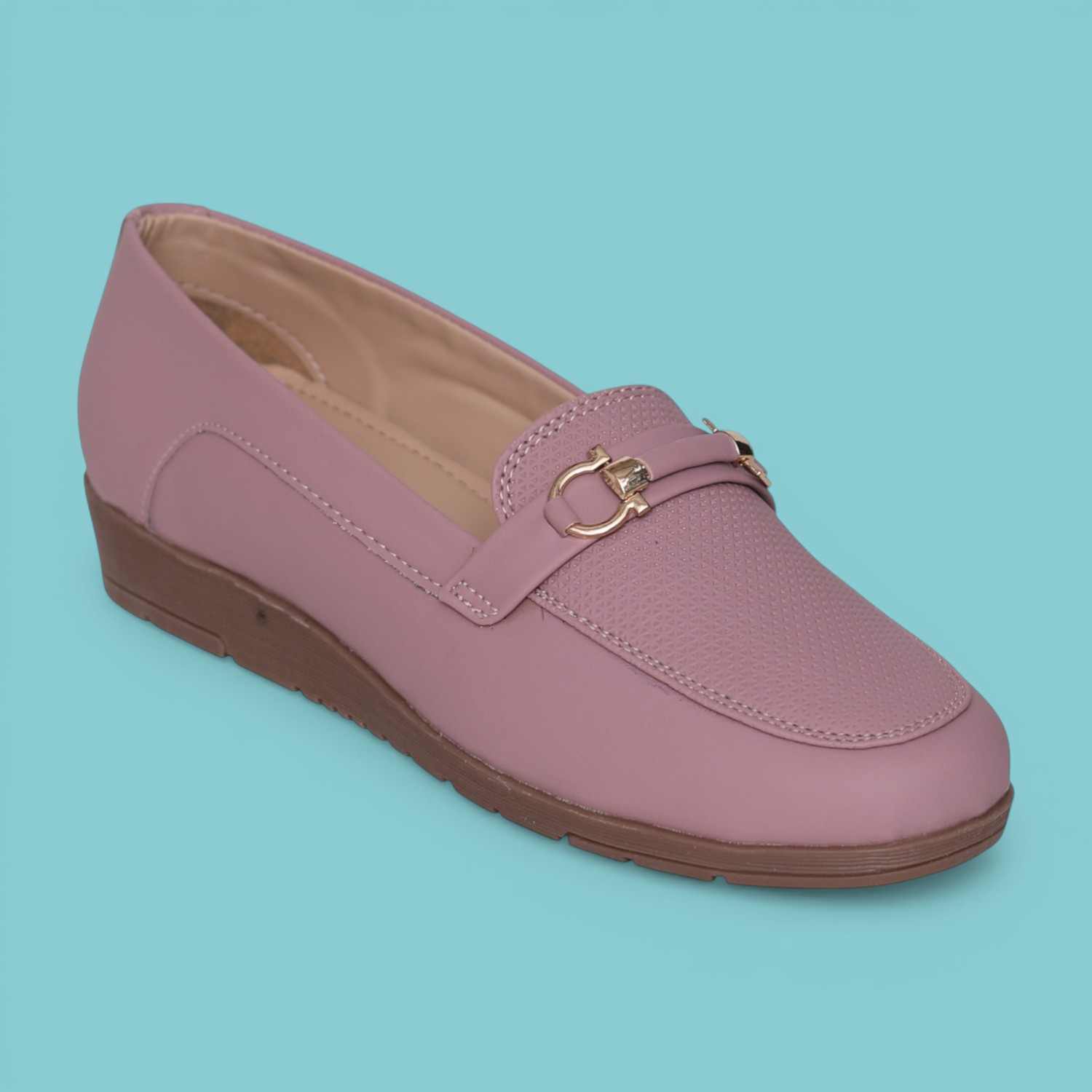 Greta Women’s Textured Peach Slip-On Loafers with Decorative Buckle