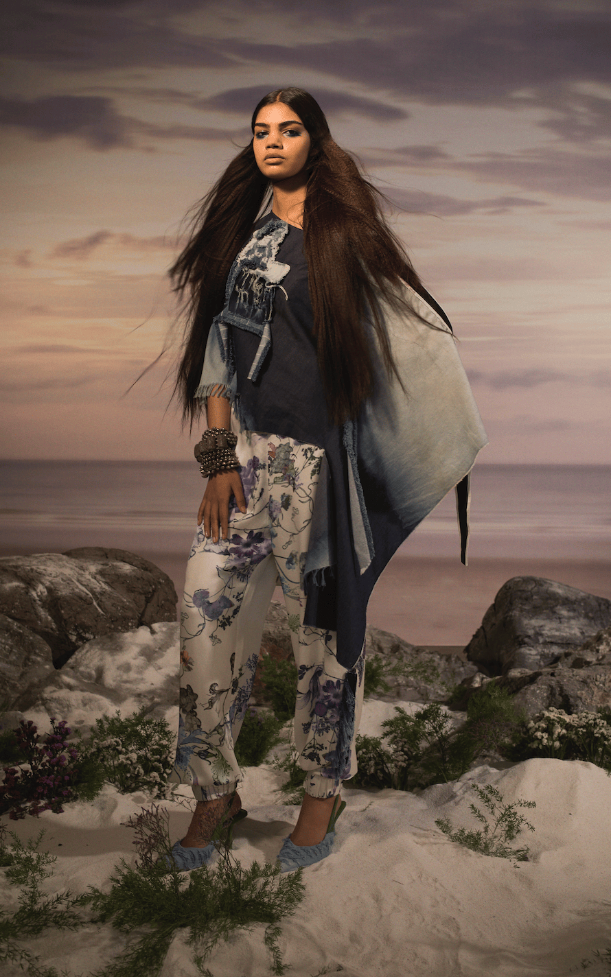 DENIM OVERSIZED CAPE WITH SILK JOGGERS