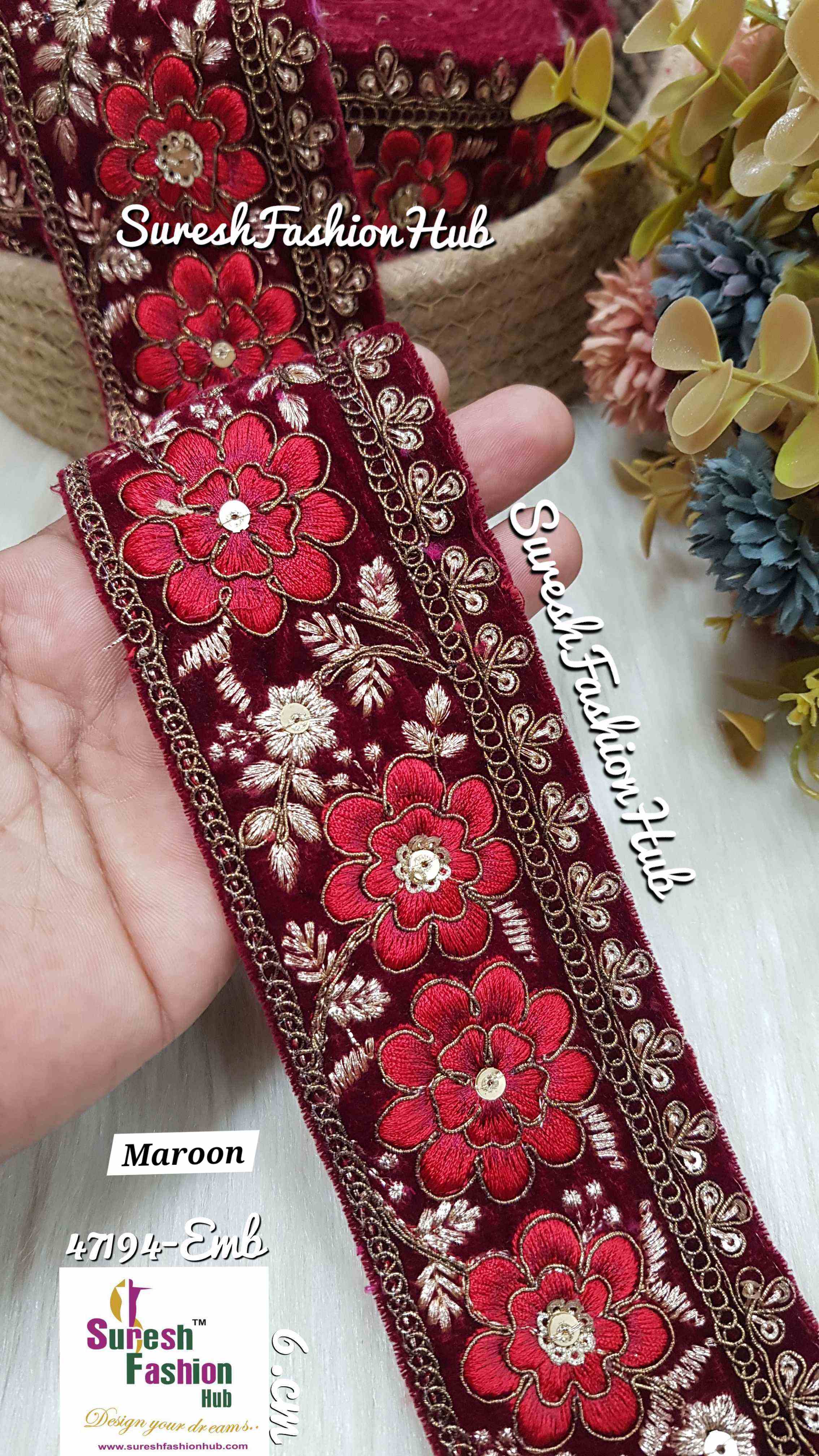 Maroon Velvet Multicolor Floral Embroidery Lace