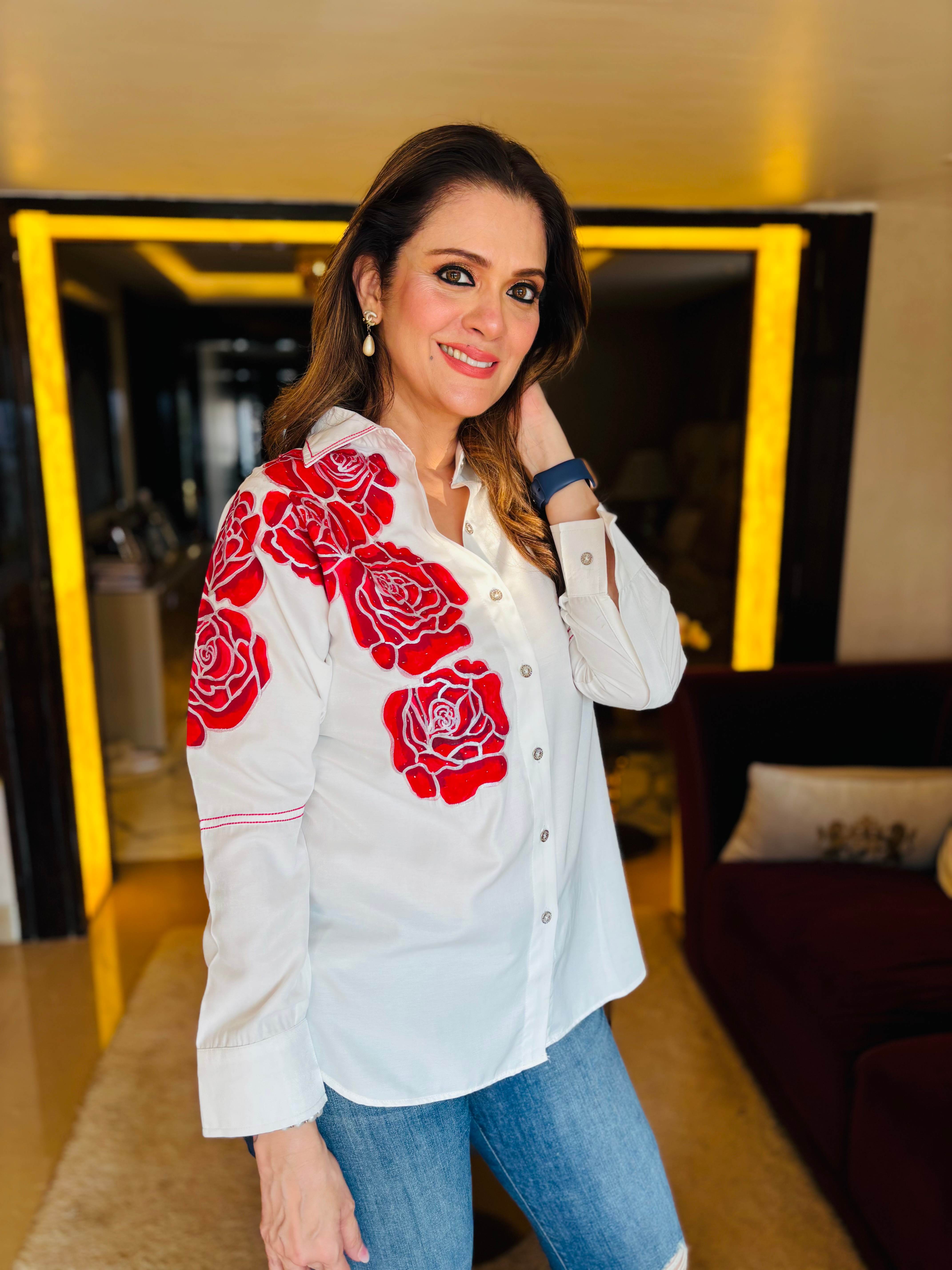 White hand painted roses Shirt