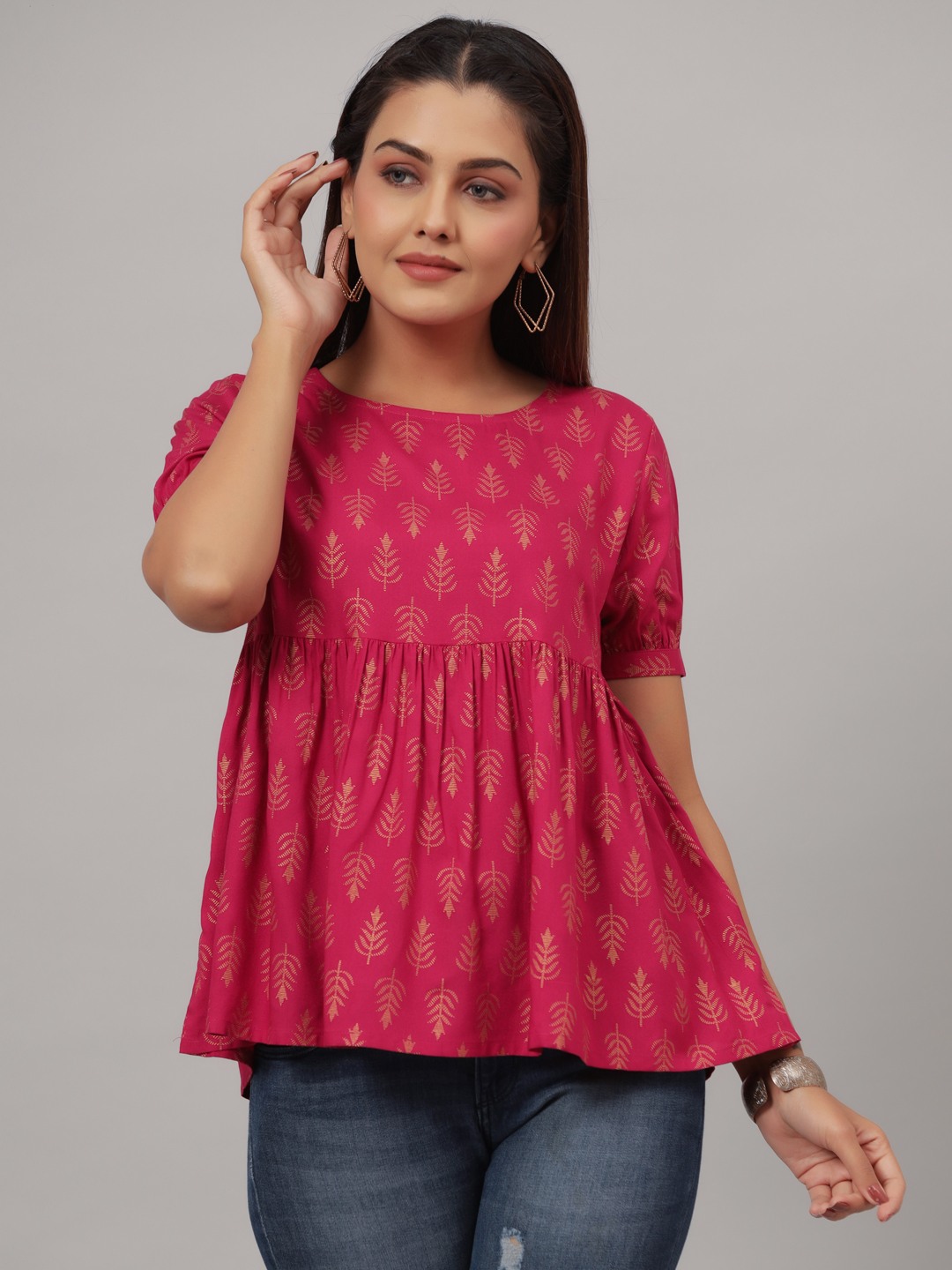 Red Rayon Embroidery Gathered Top