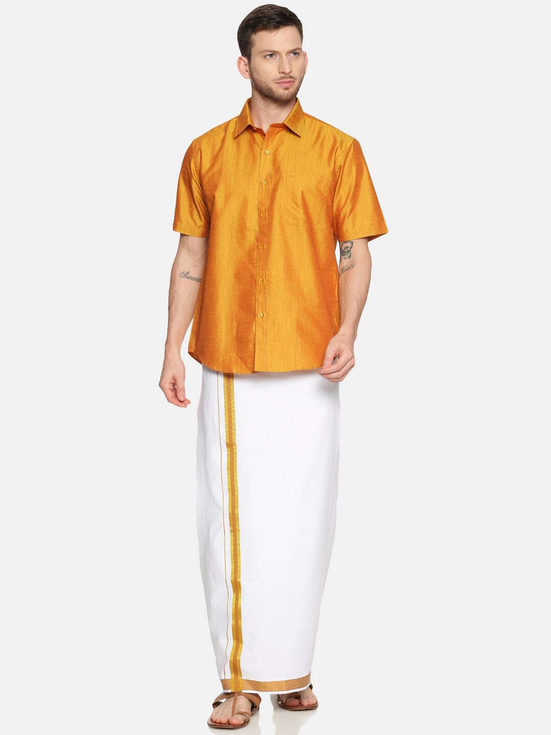 Ramraj Cotton | RAMRAJ COTTON Men Gold-Toned  White Solid Shirt  Dhoti Set 0