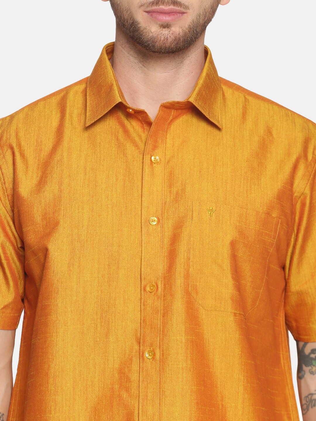 Ramraj Cotton | RAMRAJ COTTON Men Gold-Toned  White Solid Shirt  Dhoti Set 4