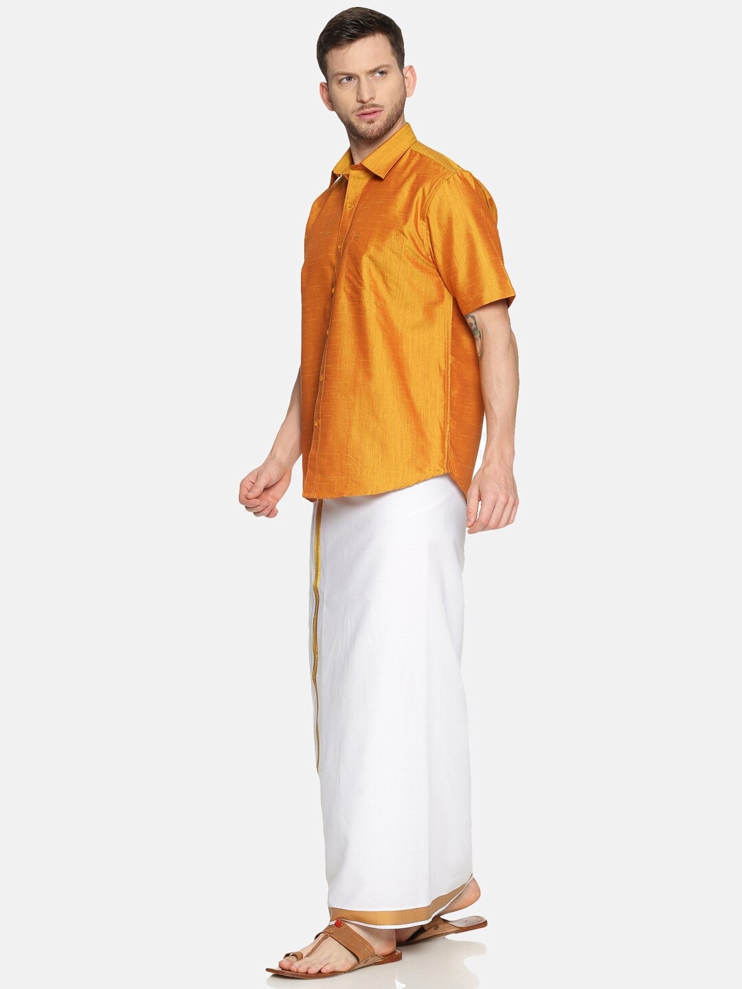 Ramraj Cotton | RAMRAJ COTTON Men Gold-Toned  White Solid Shirt  Dhoti Set 5