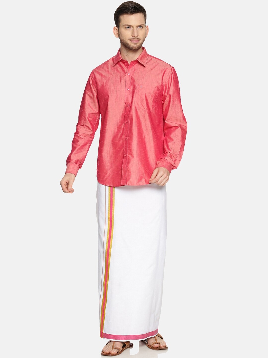 Ramraj Cotton | RAMRAJ COTTON Men Pink  White Solid Shirt  Dhoti Set 0
