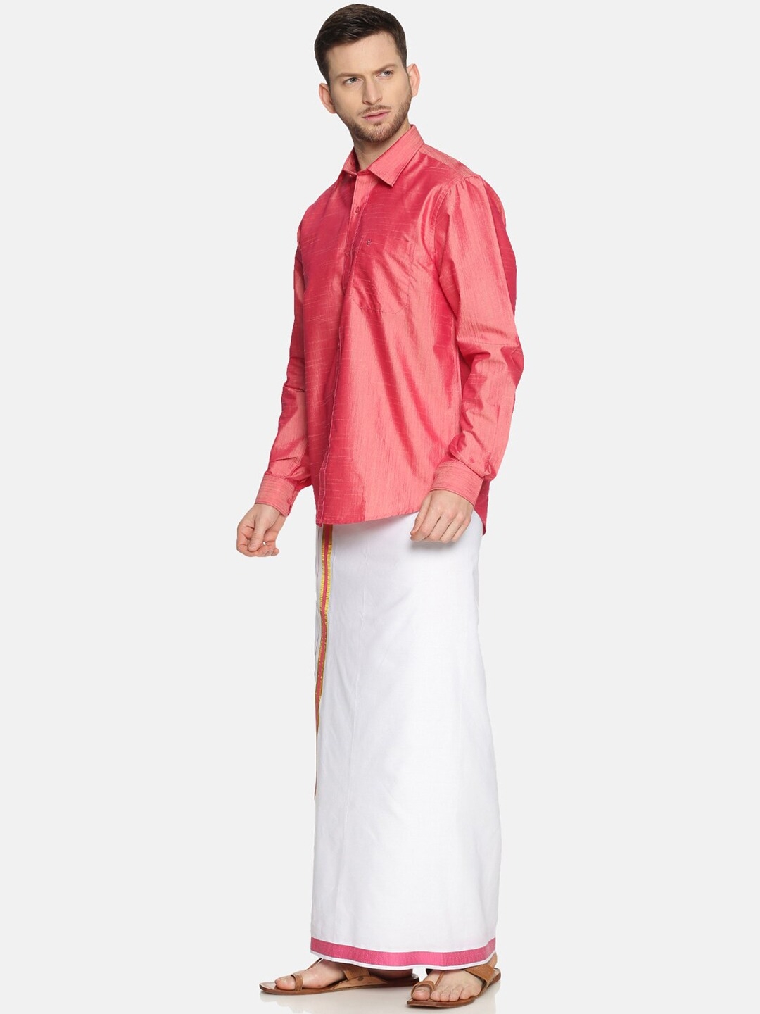 Ramraj Cotton | RAMRAJ COTTON Men Pink  White Solid Shirt  Dhoti Set 5