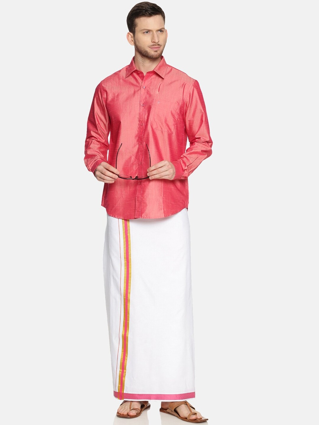Ramraj Cotton | RAMRAJ COTTON Men Pink  White Solid Shirt  Dhoti Set 4