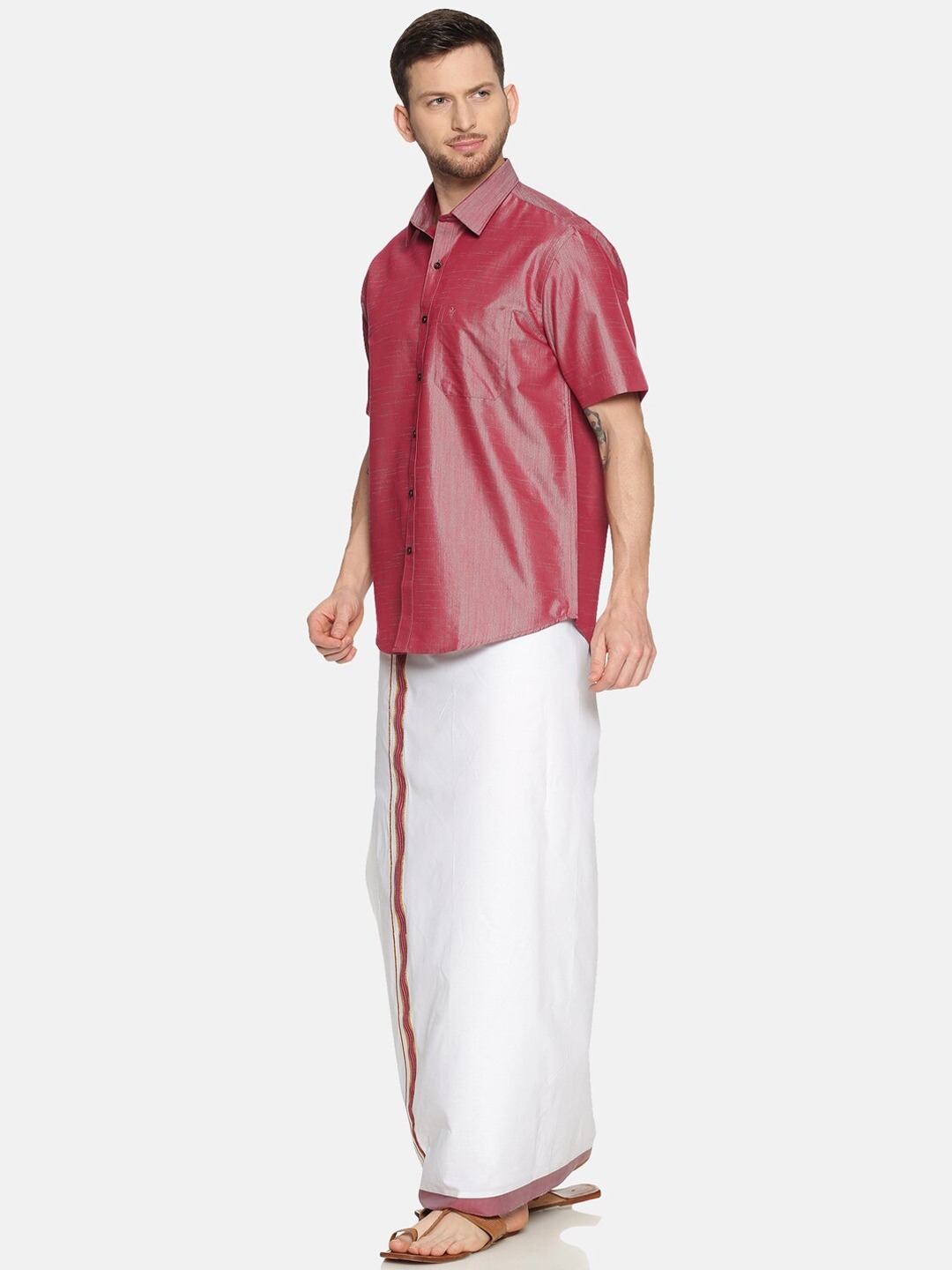 Ramraj Cotton | RAMRAJ COTTON Men Purple  White Solid Shirt  Dhoti Set 4