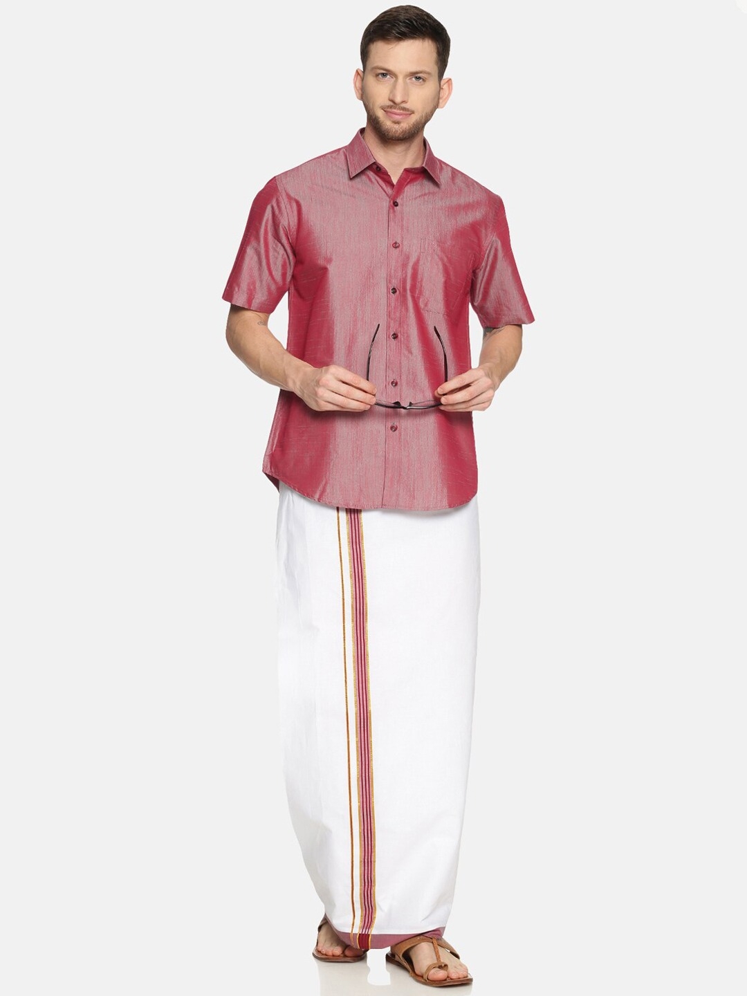 Ramraj Cotton | RAMRAJ COTTON Men Purple  White Solid Shirt  Dhoti Set 5