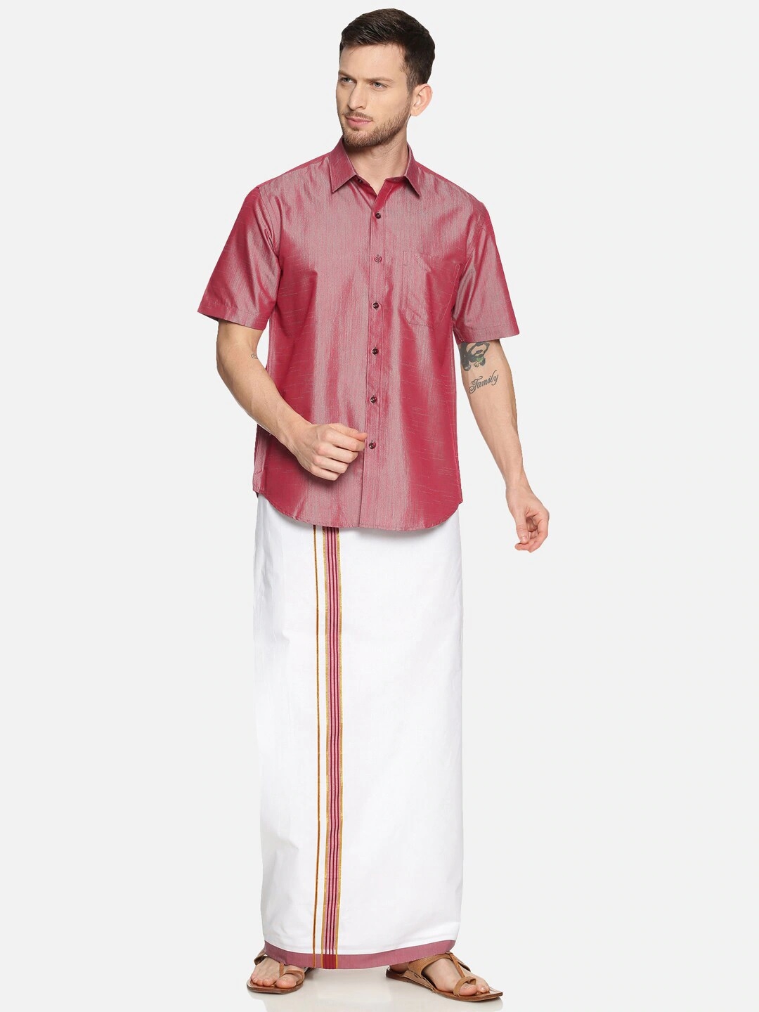 Ramraj Cotton | RAMRAJ COTTON Men Purple  White Solid Shirt  Dhoti Set 0