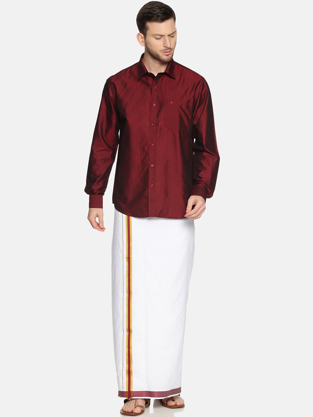 Ramraj cotton Burgandy Cotton Blend Regular Fit Men's Dhoti Shirt