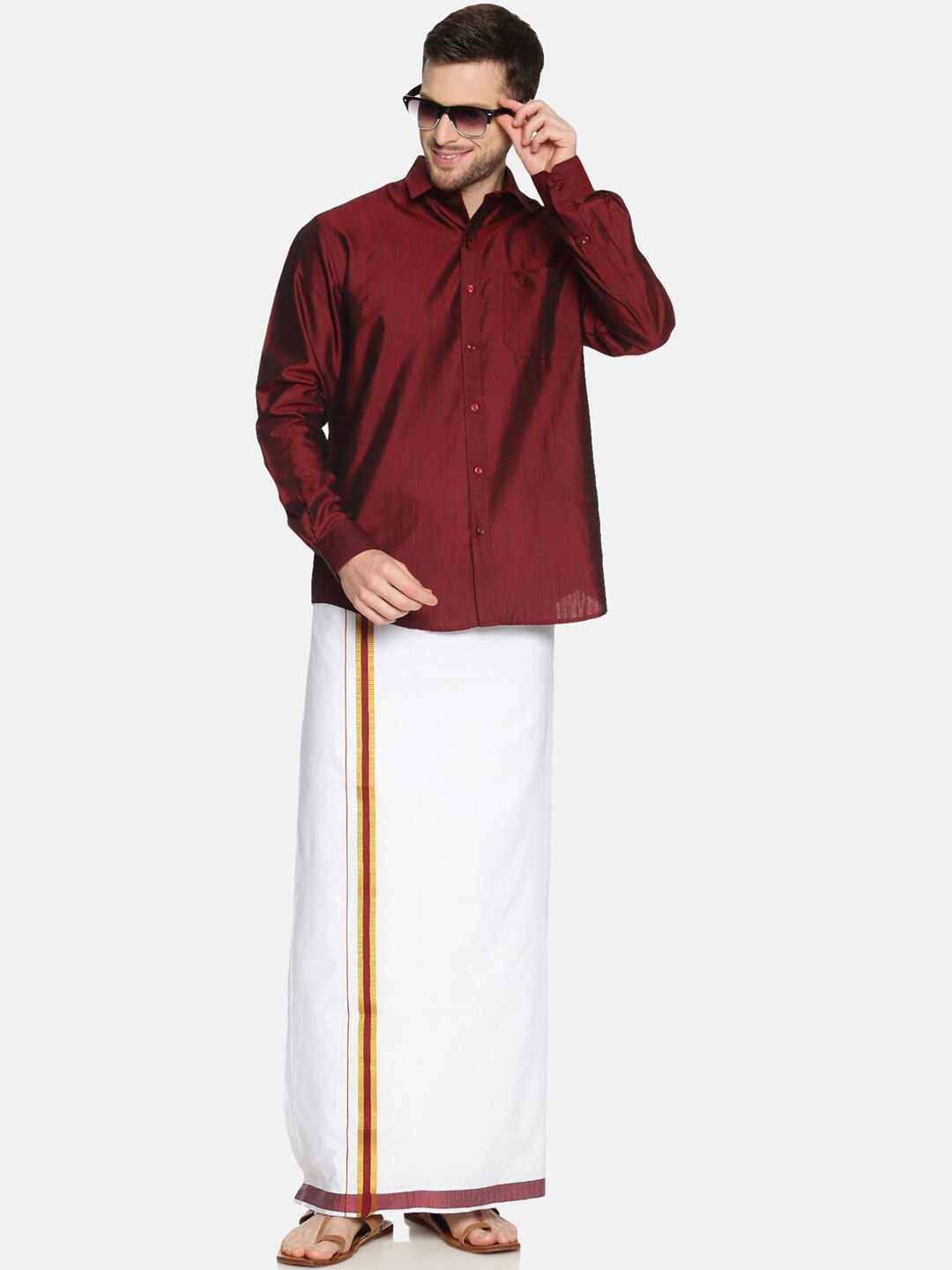 RAMRAJ COTTON Men Maroon  White Solid Shirt with Dhoti