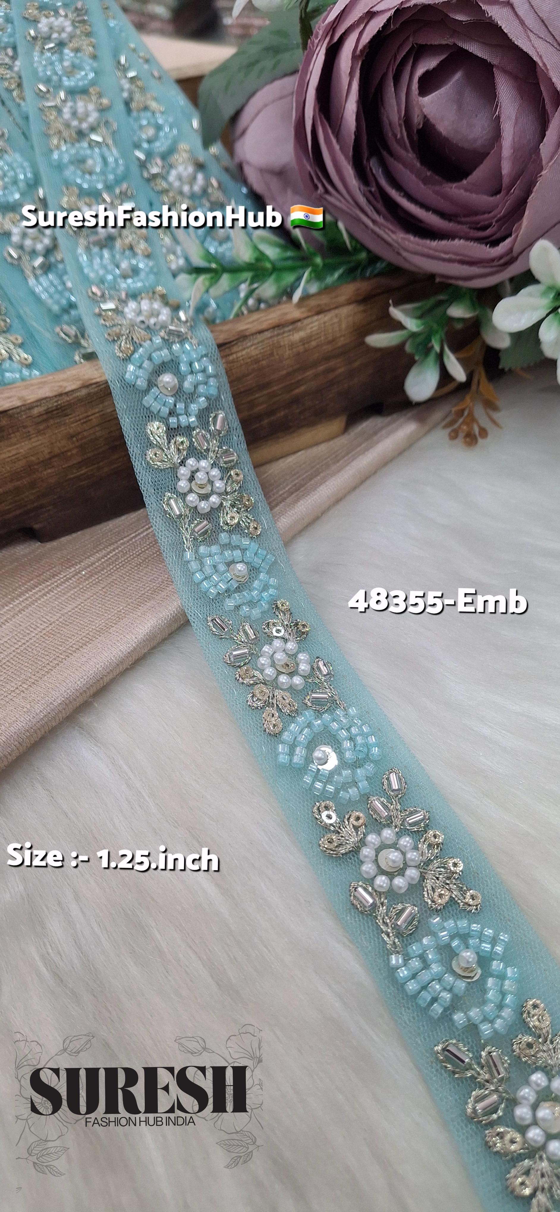 Aqua Beaded Bloom Net Embroidered Lace