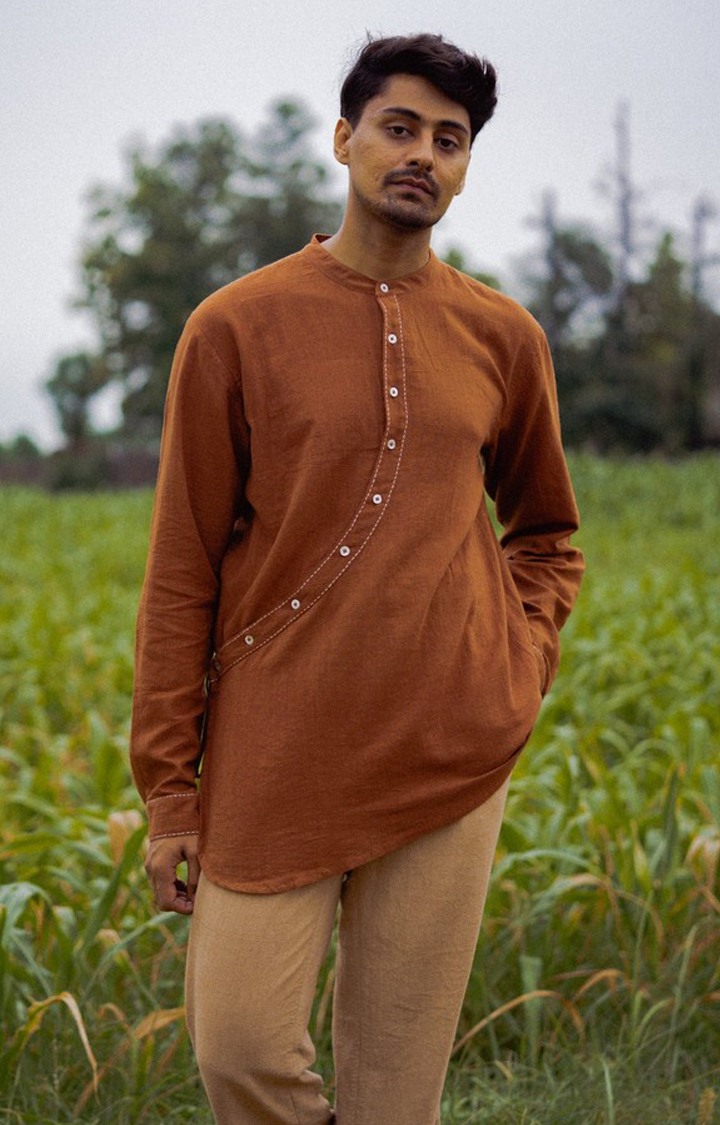 Men's Brown Cotton Solid Angrakha Kurta