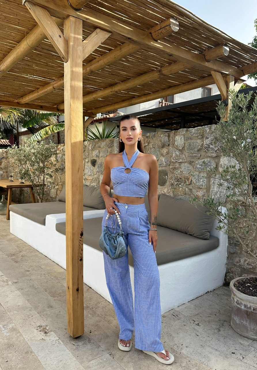 Blue halter neck crop top and pants striped co ord set