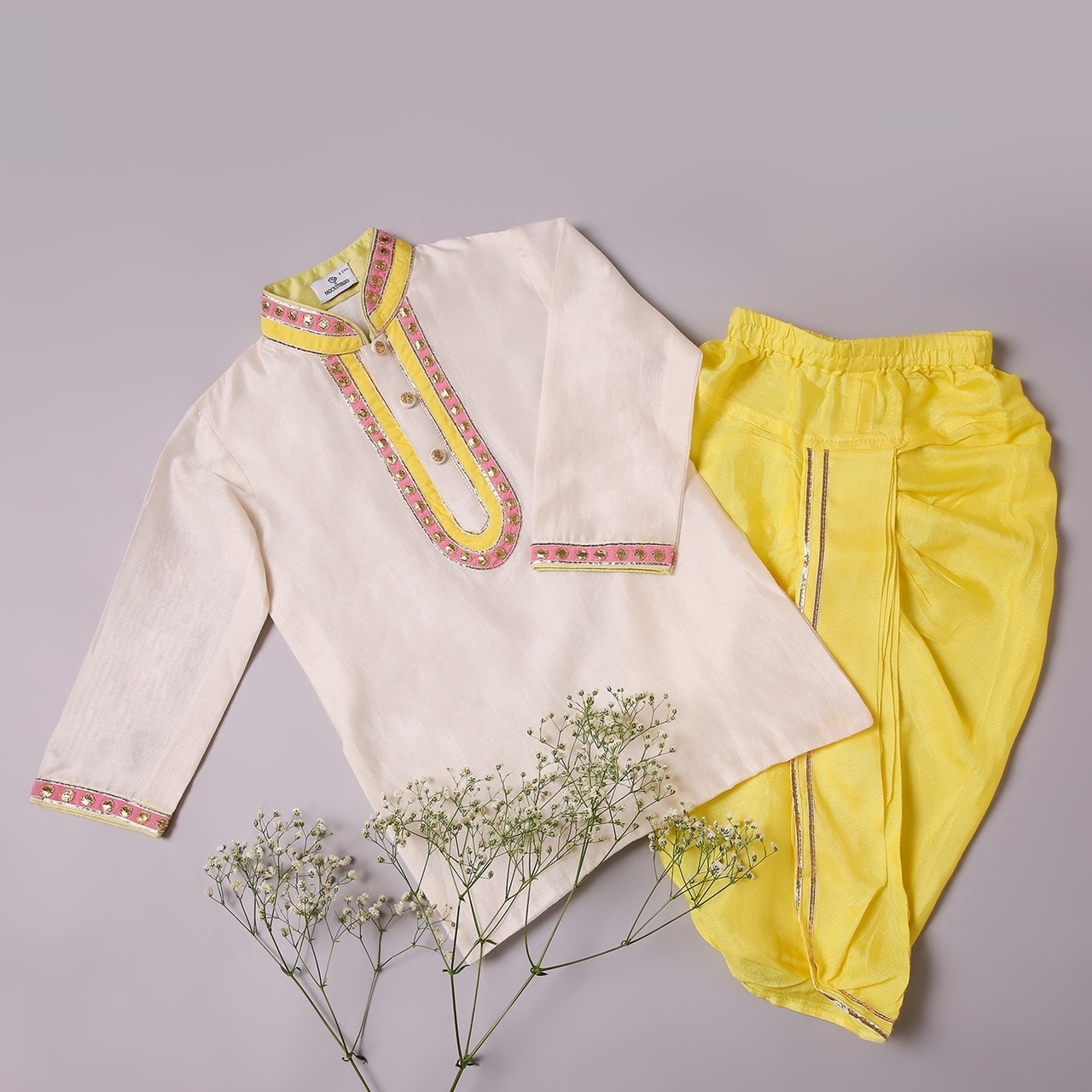 IVORY KURTA WITH PINK /YELLOW PATCH WITH GOTA WORK AND YELLOW DHOTI