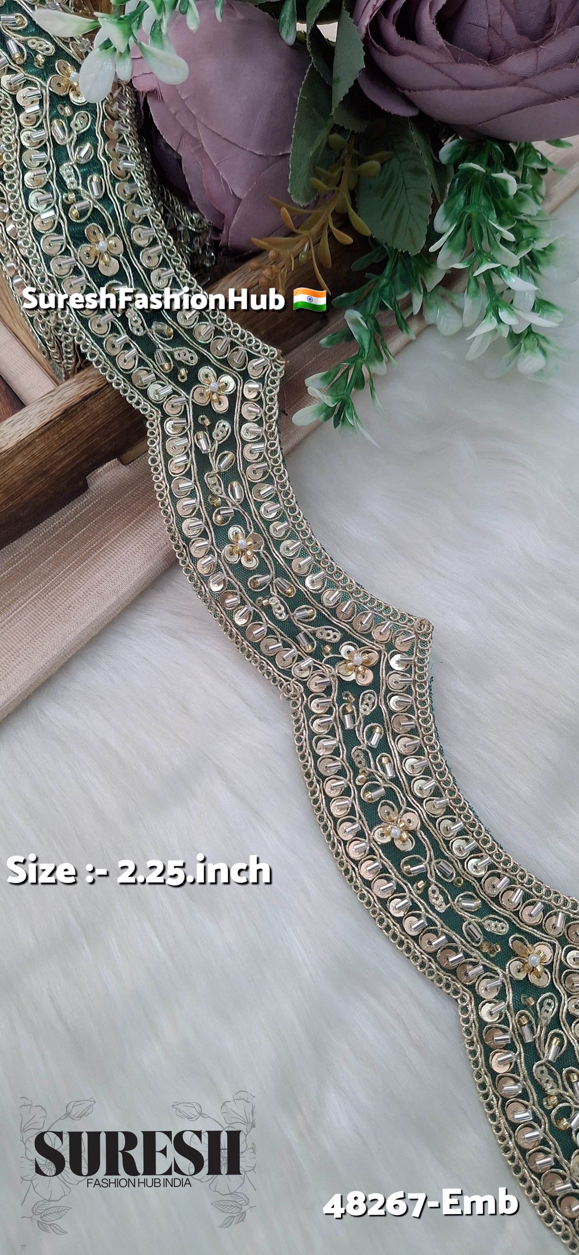 Bottle Green Scallop Pearl Embroidery Lace