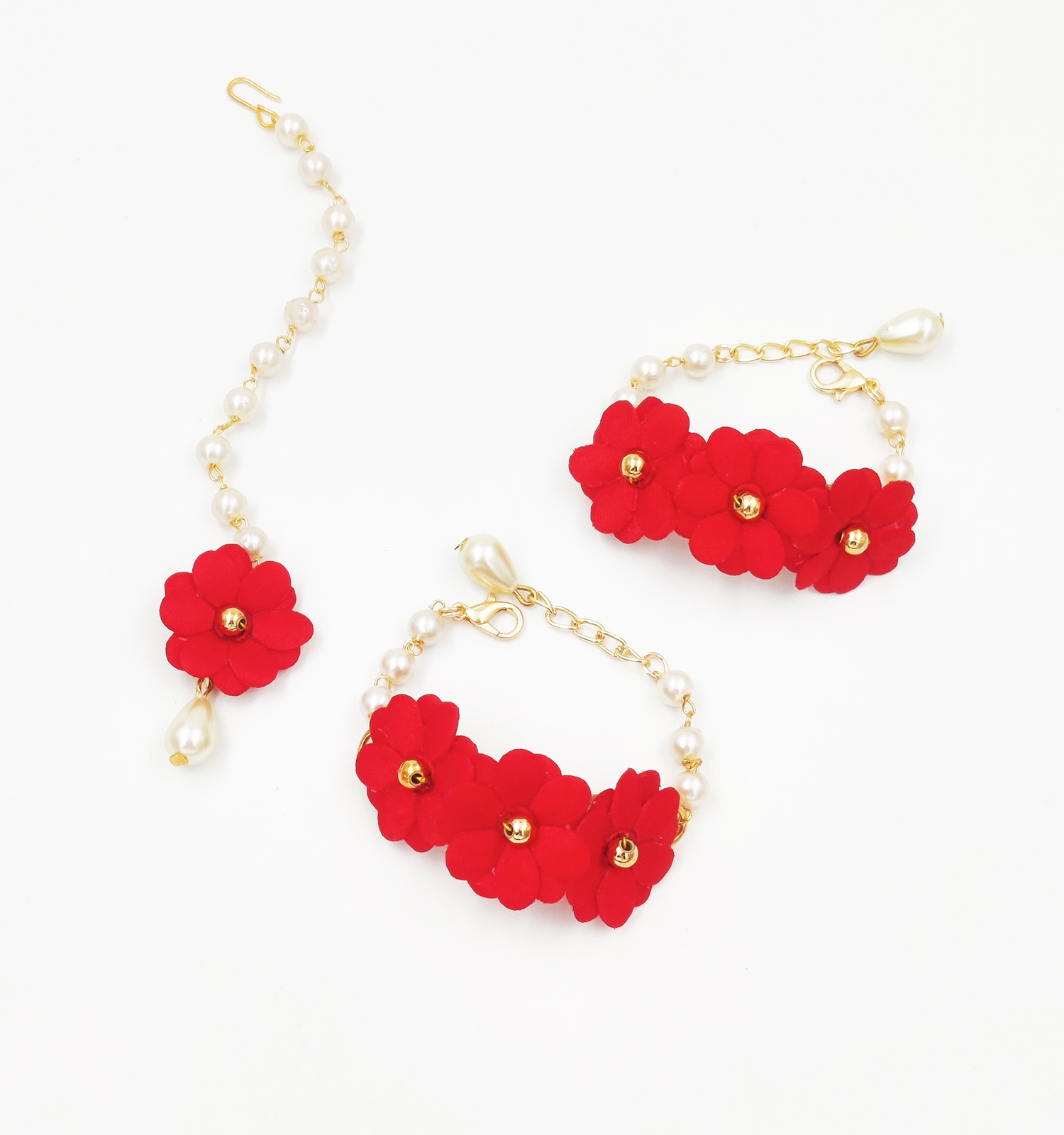 Gulmohar Floral Maang Teeka & 2 Bracelets Set - Red