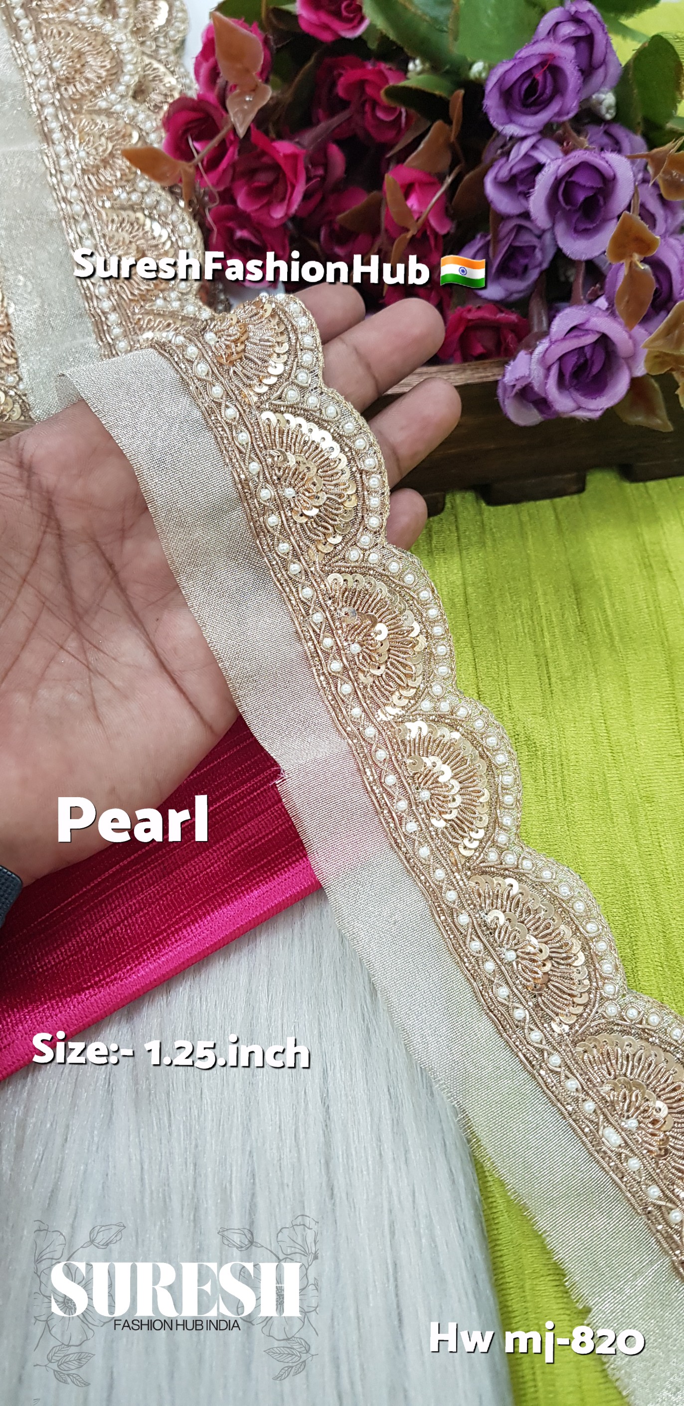 Mj-820 Pearl Gold Handmade Zardosi Organza Lace