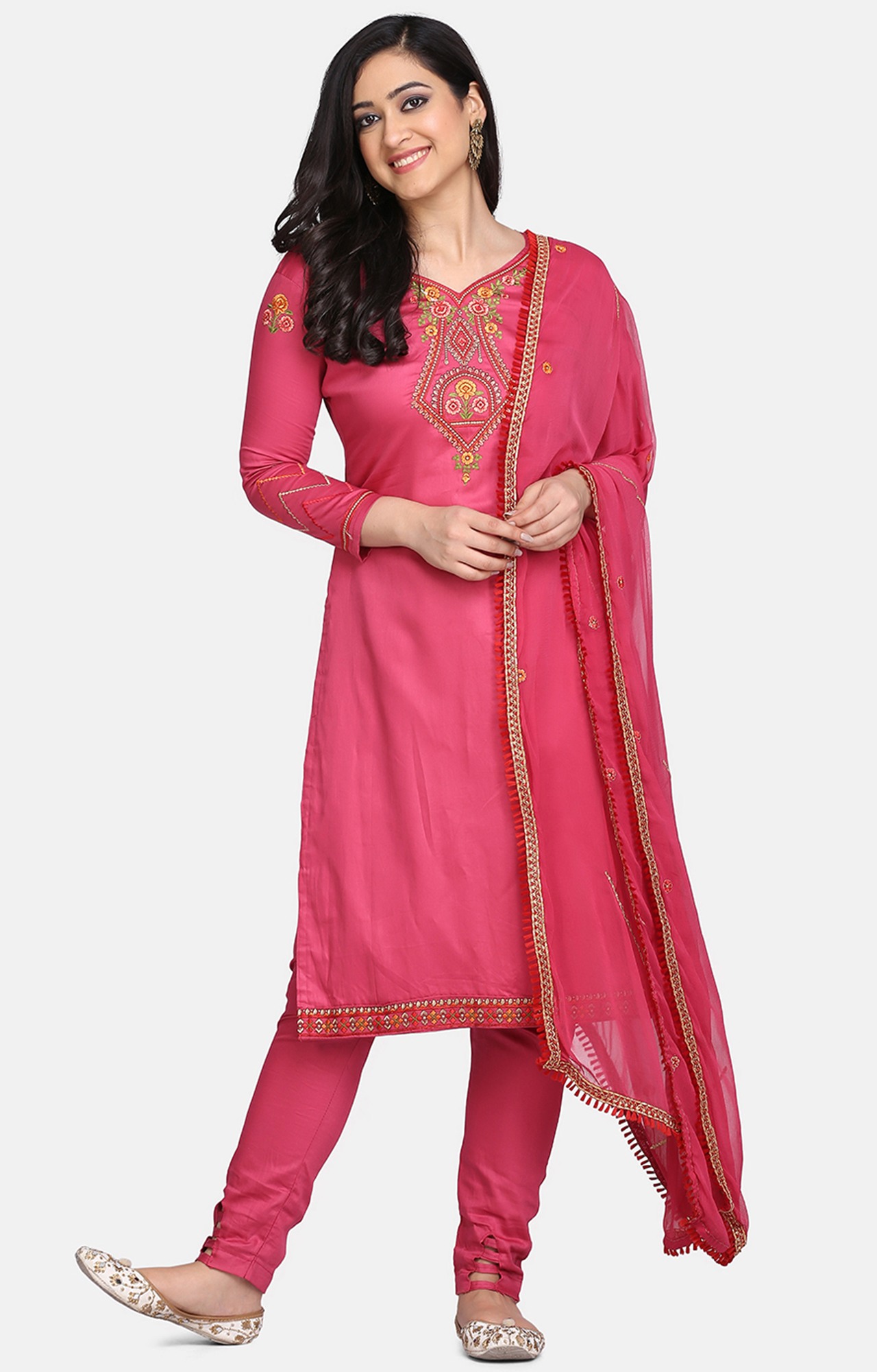 Pink Color Cotton Embroidered Unstitched Dress Material-FL_PANKHUDI1094_DM