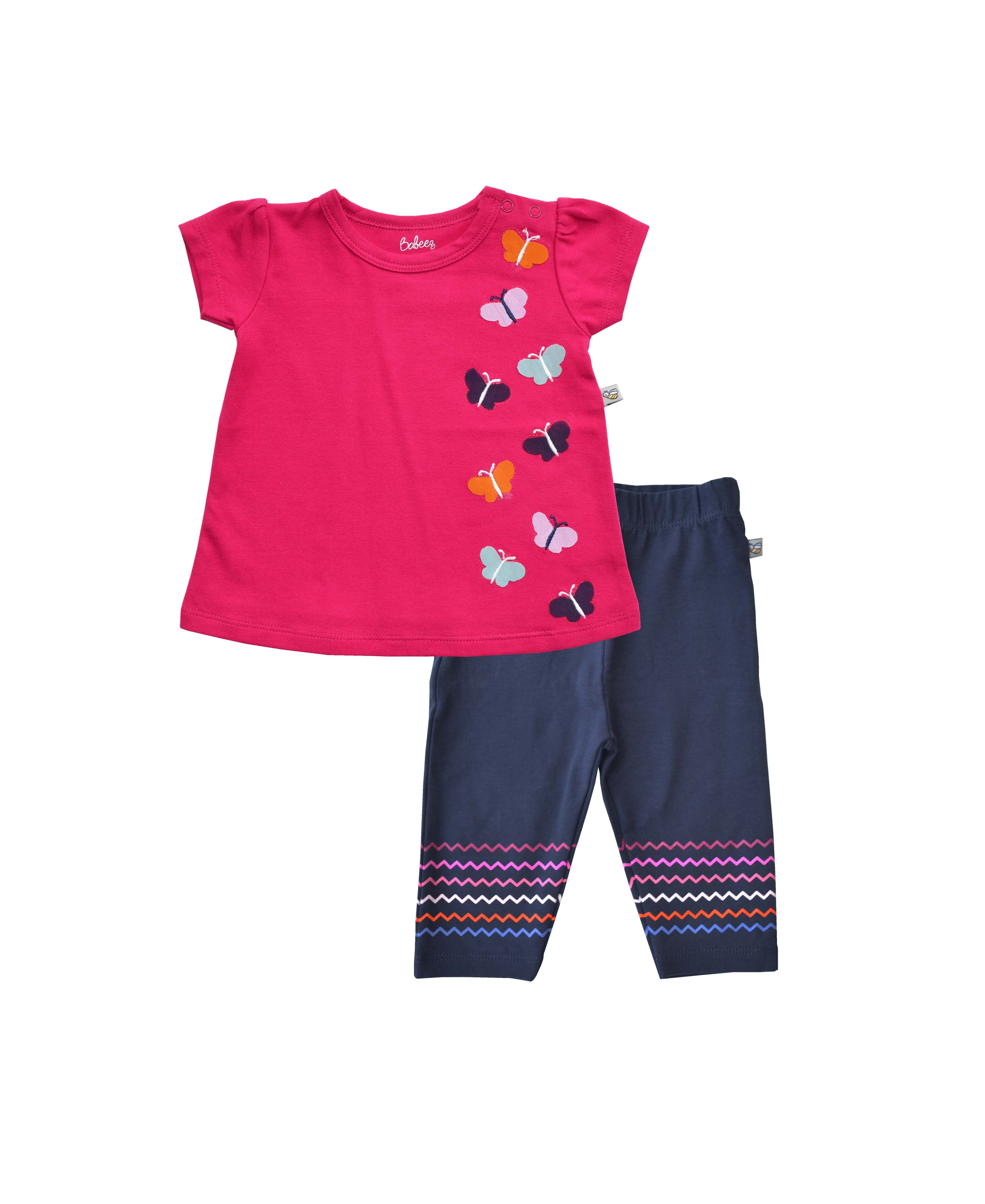 Butterfly Applique on Pink Short Sleeves Top and Navy Legging with Wave Print at Bottom (95%Cotton 5%Elasthan Jersey)