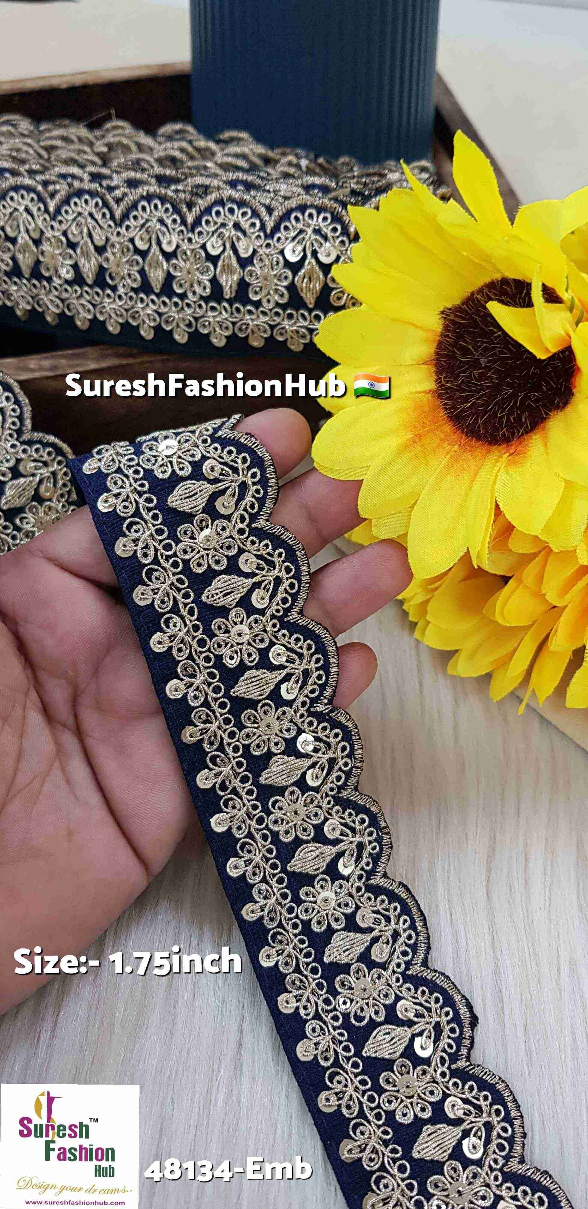 Navy Blue Scalloped Pearl Dori Embroidery Lace on Beige Ne