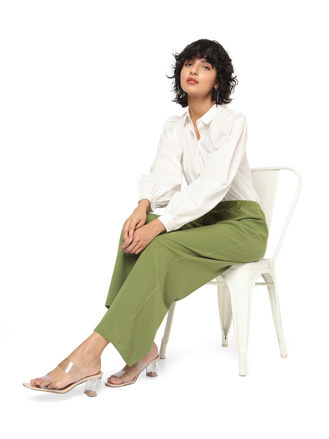 Smarty Pants women's moss cotton lycra olive color flared formal trouser