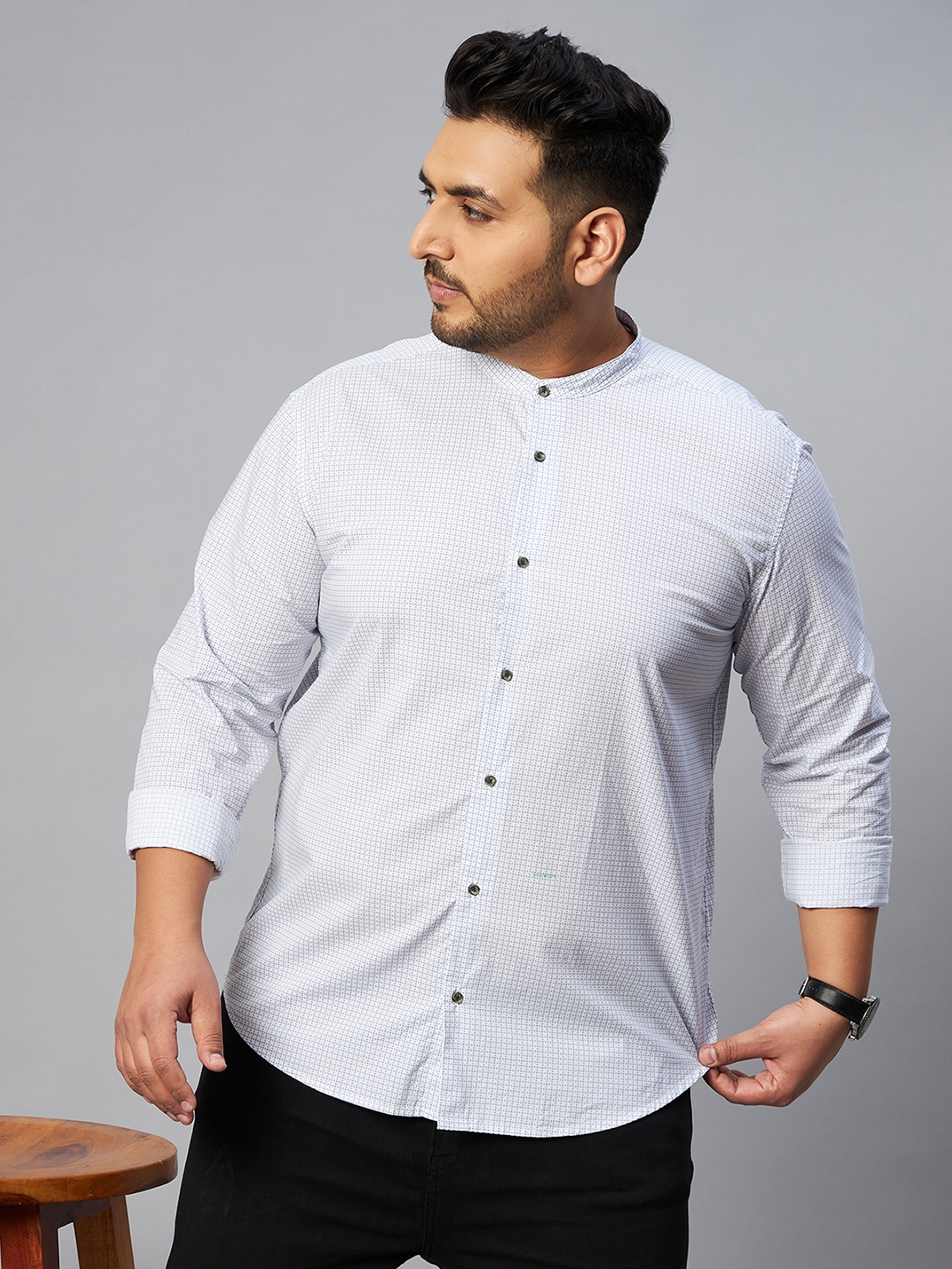 SHOWOFF Plus | SHOWOFF Plus Men White Printed Mandarin Collar Full Sleeves Regular Fit Casual Shirt 6