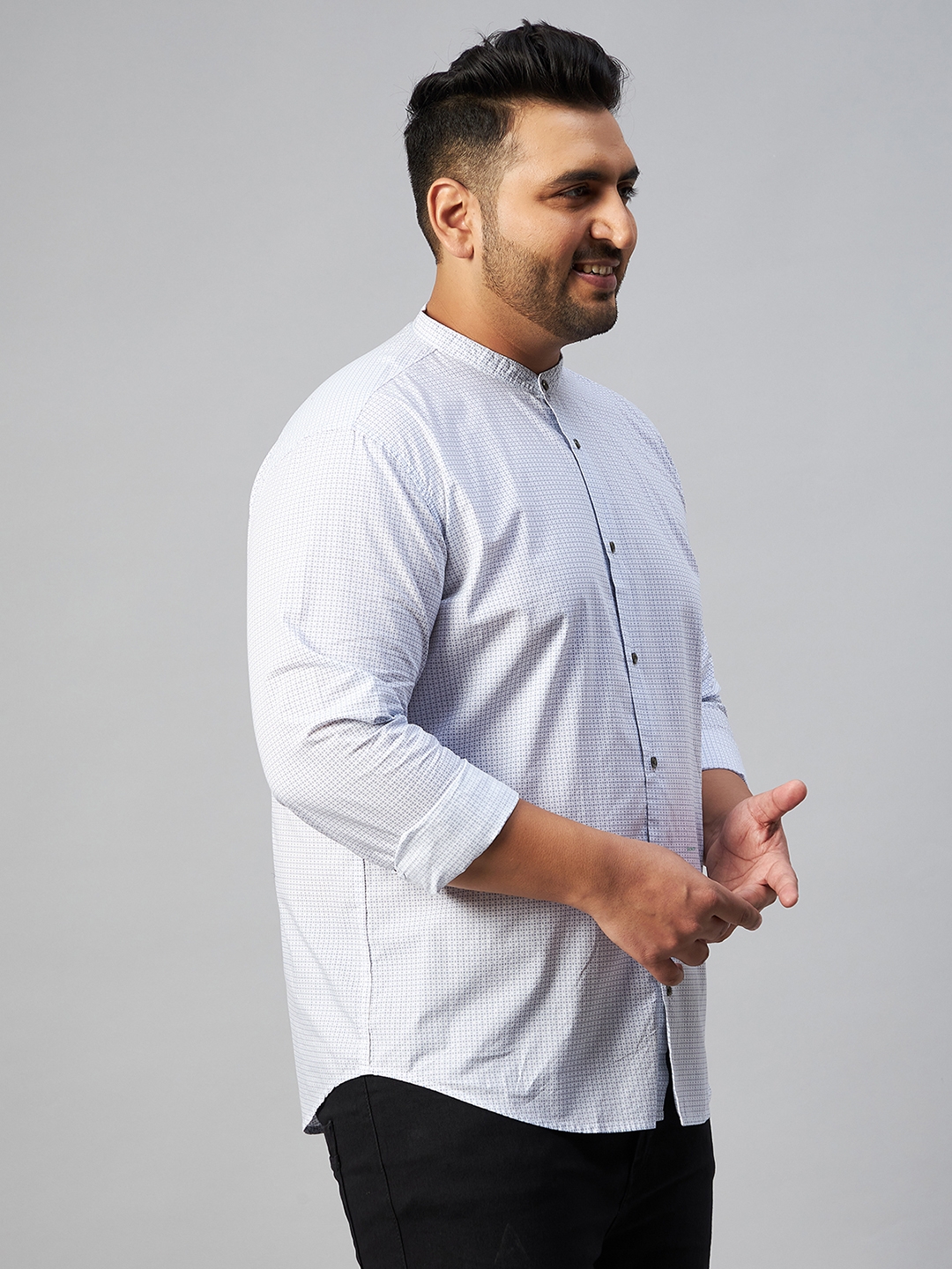 SHOWOFF Plus | SHOWOFF Plus Men White Printed Mandarin Collar Full Sleeves Regular Fit Casual Shirt 2
