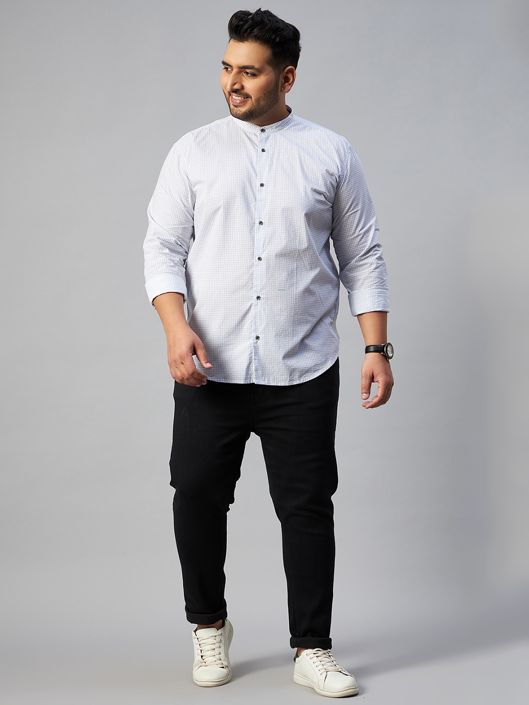 SHOWOFF Plus | SHOWOFF Plus Men White Printed Mandarin Collar Full Sleeves Regular Fit Casual Shirt 4