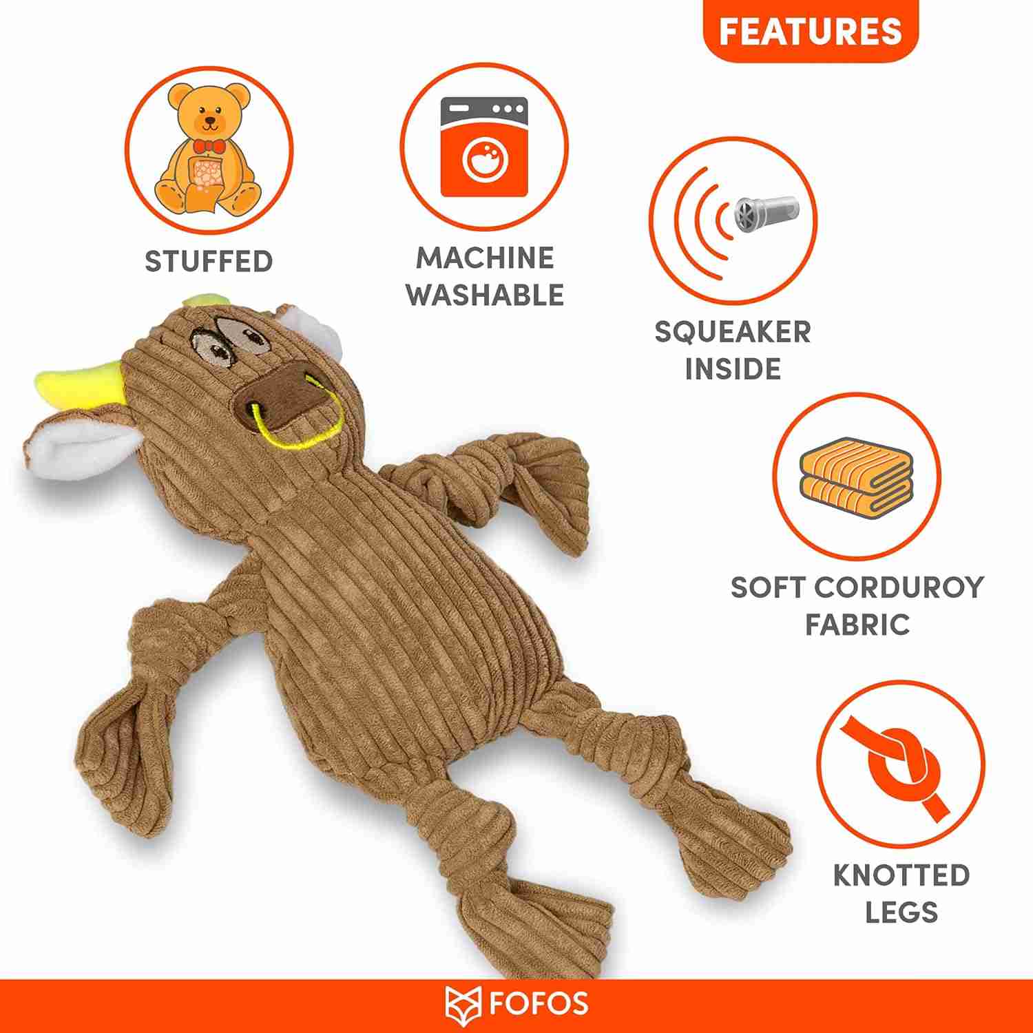 Barkbutler Fofos Fluffy Cow Brown Squeaky Plush Toy for Puppies and Dogs