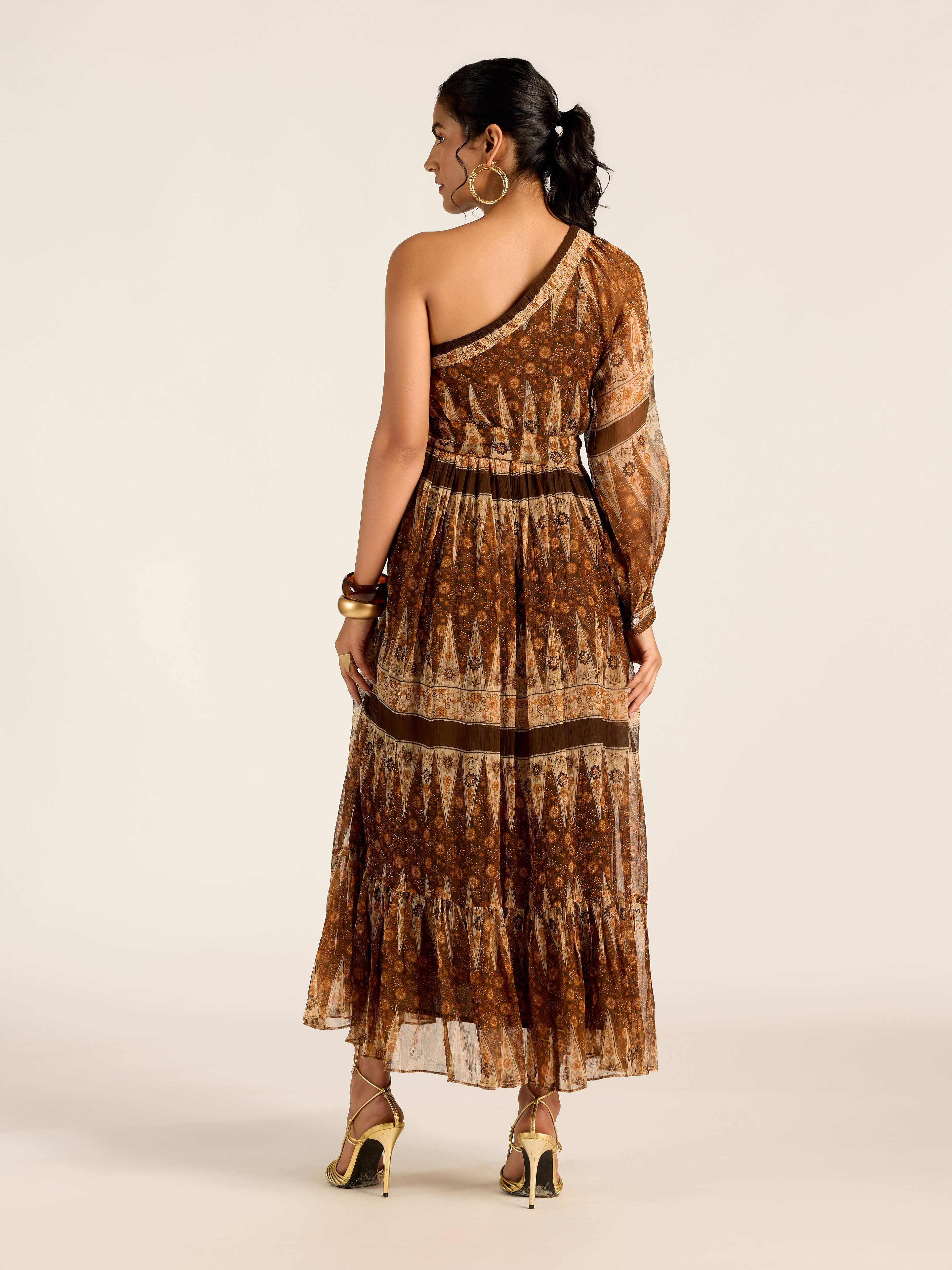 BROWN MARGO ONE SHOULDER LONG DRESS