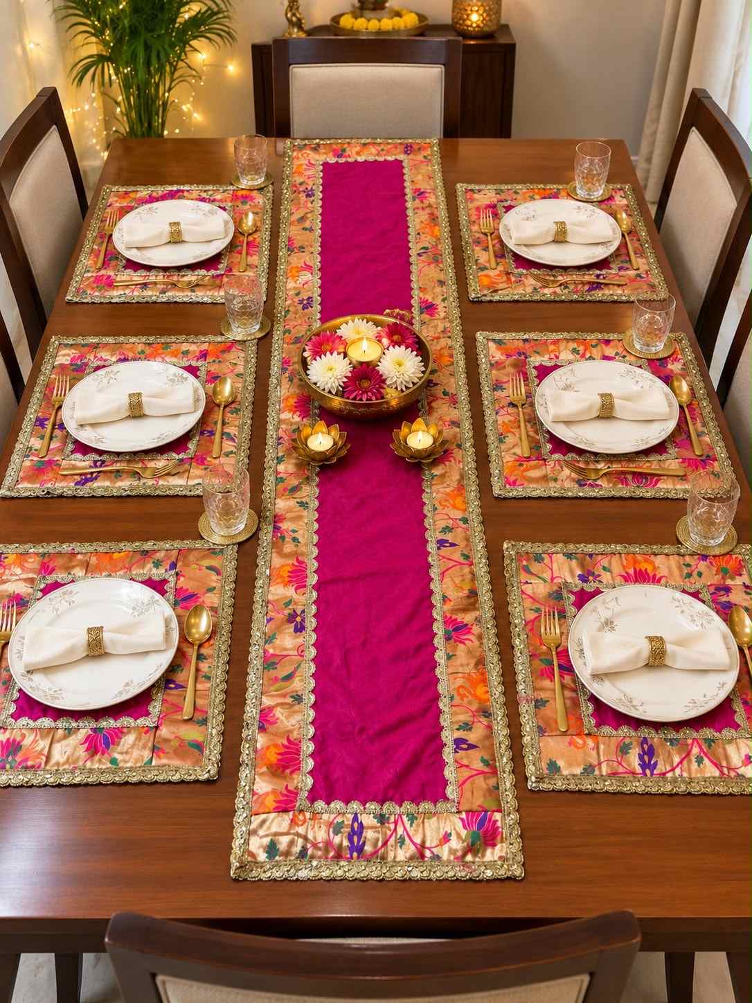 Paithni Dinning set | Silk Dupian With Quilting DiningMat Set